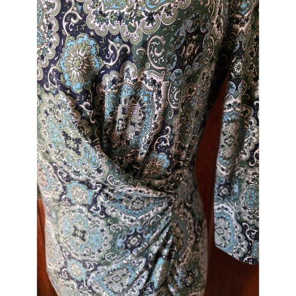 Talbots Petite Green & Blue Paisley Print Dress Sp Rusched - Picture 3 of 8